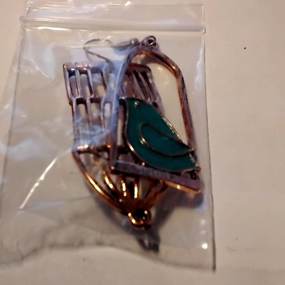NEW Asymmetric Blue Birdcage Bird Cage Antique Bronze Dangle Earring - Present! - Picture 8 of 8